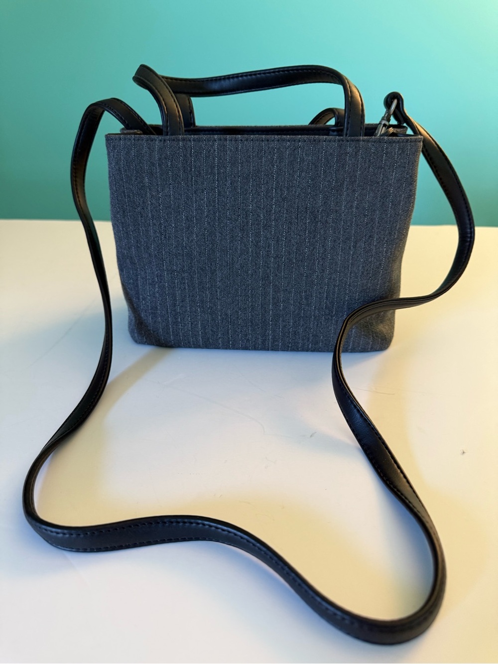 Lord & Taylor Gray Pinstripe Crossbody Tote with Black Trim